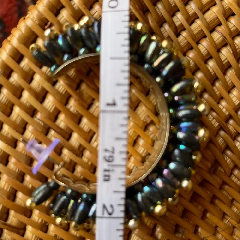 Vintage Statement Openwork Beaded AB Gold 60s 70s Disco Beaded Half Hoop Earring - Picture 8 of 9